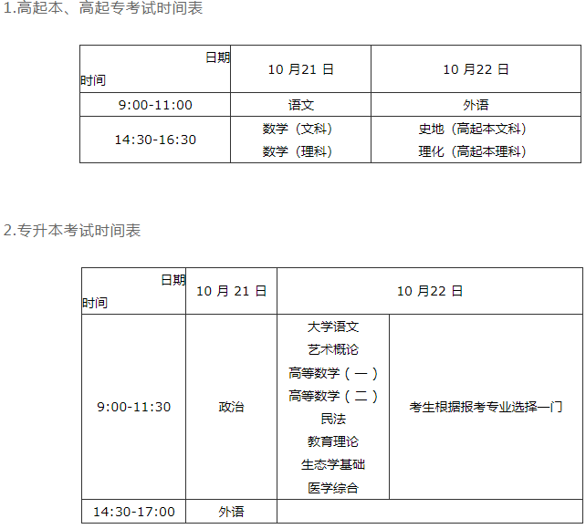 河南成人高考專升本考試時間？