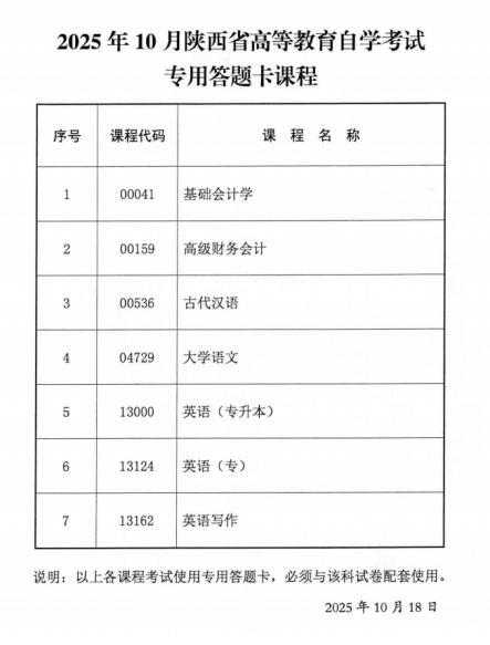 2025年10月陜西省自學(xué)考試專用答題卡等課程信息公布 2025年10月陜西省自學(xué)考試專用答題卡等課程信息公布
