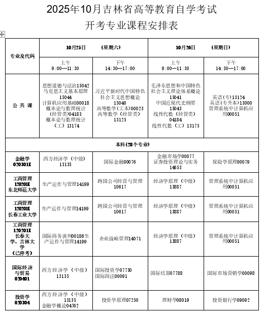 2025年10月吉林省自考考試安排 2025年10月吉林省自考考試安排
