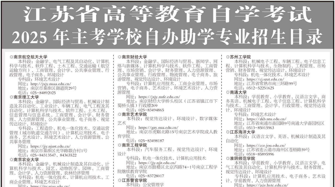 江蘇省高等教育自學考試2025年主考學校自辦助學專業(yè)招生目錄